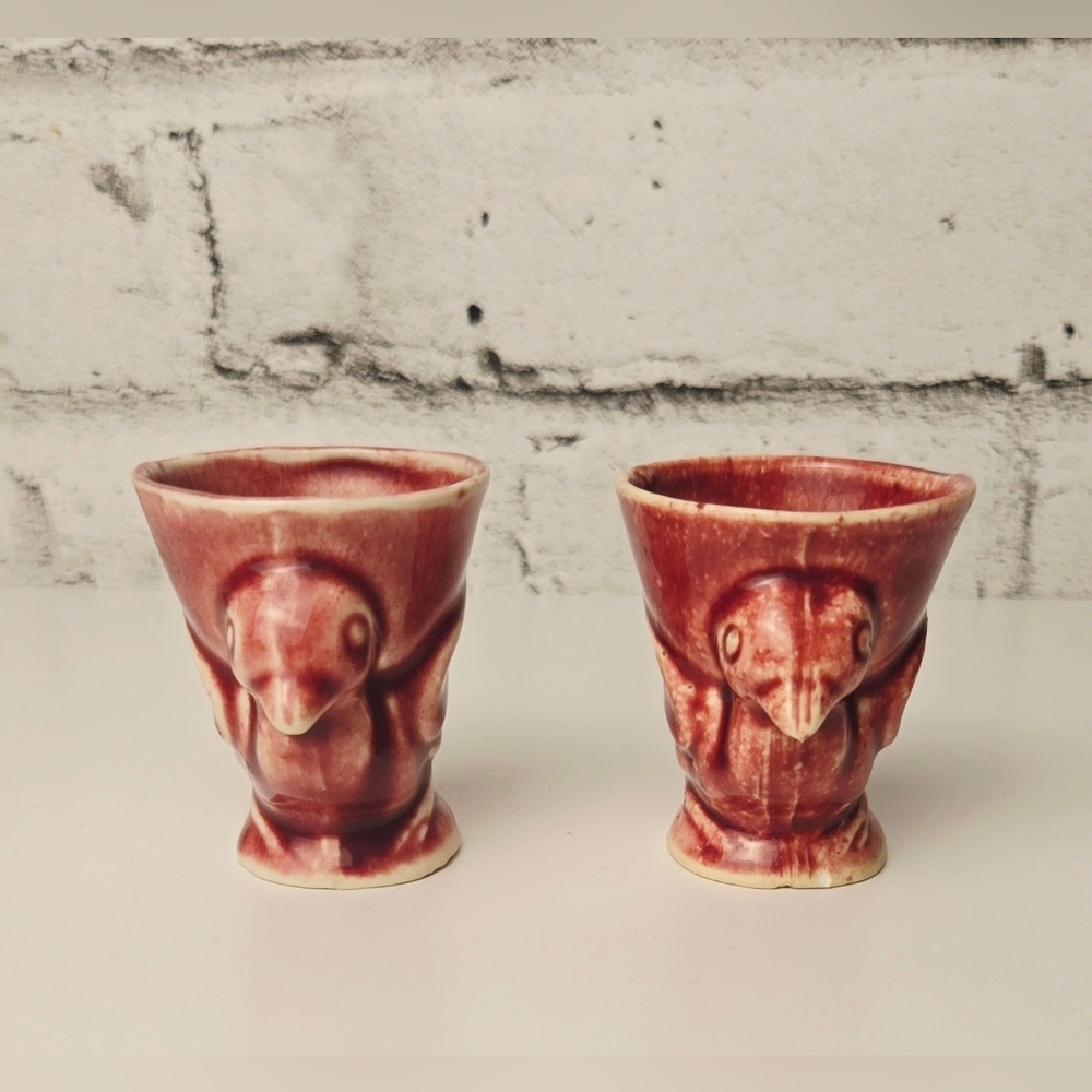 Vintage Bird Egg Cups Red Drip Glaze Ceramic Figural Set of 2